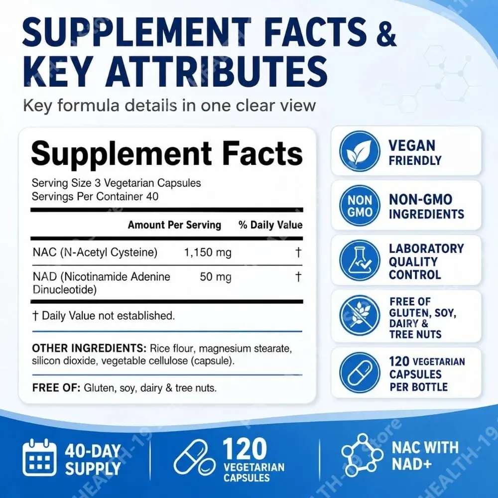 NAC N-Acetyl Cysteine Capsules 1200mg NAD+ For Cellular Immune & Antioxidant Energy Support Formula Adult 120 Count