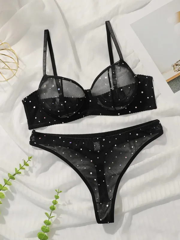 Sexy Black Lace Sequin Bra and Panty Set Women's Push Up Underwire Non Padding Lingerie Set for Valentine's Day S-XL