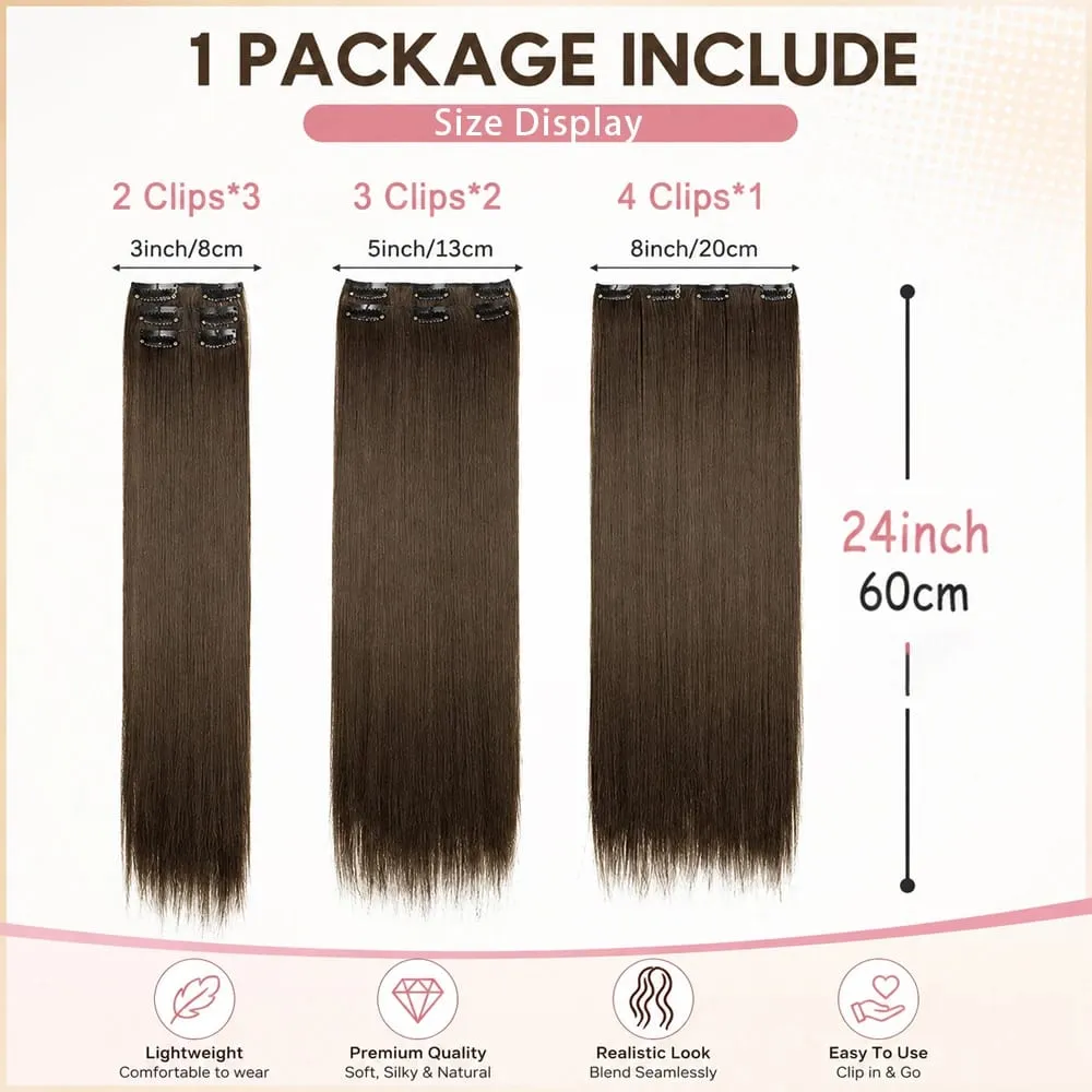 Black Hair Extensions 24"/60cm 6pcs/set Women Long Straight Synthetic Full Head Clip 16 Clips Ombre Heat Resistant Fiber Hair