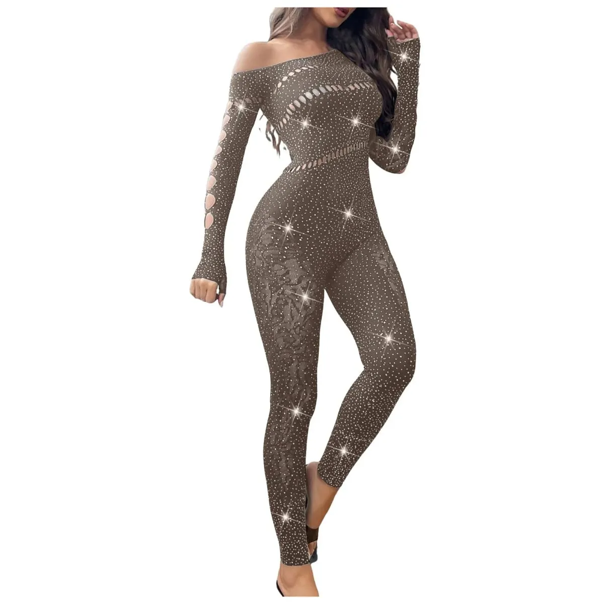 Kvinder Sexet Mesh Rhinestone Jumpsuit Langærmet Se Through High Stretch Body Strømper Jumpsuit Club Plus Size Stock Lingeri — image 3