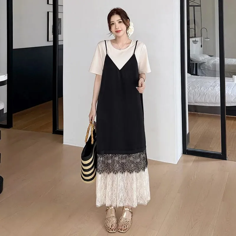 New 2026 Summer Women's Dresses Loose Plus Size Patchwork Lace Vestidos Fake Two Piece Female T-Shirt Dress Robe KE6690 — image 5