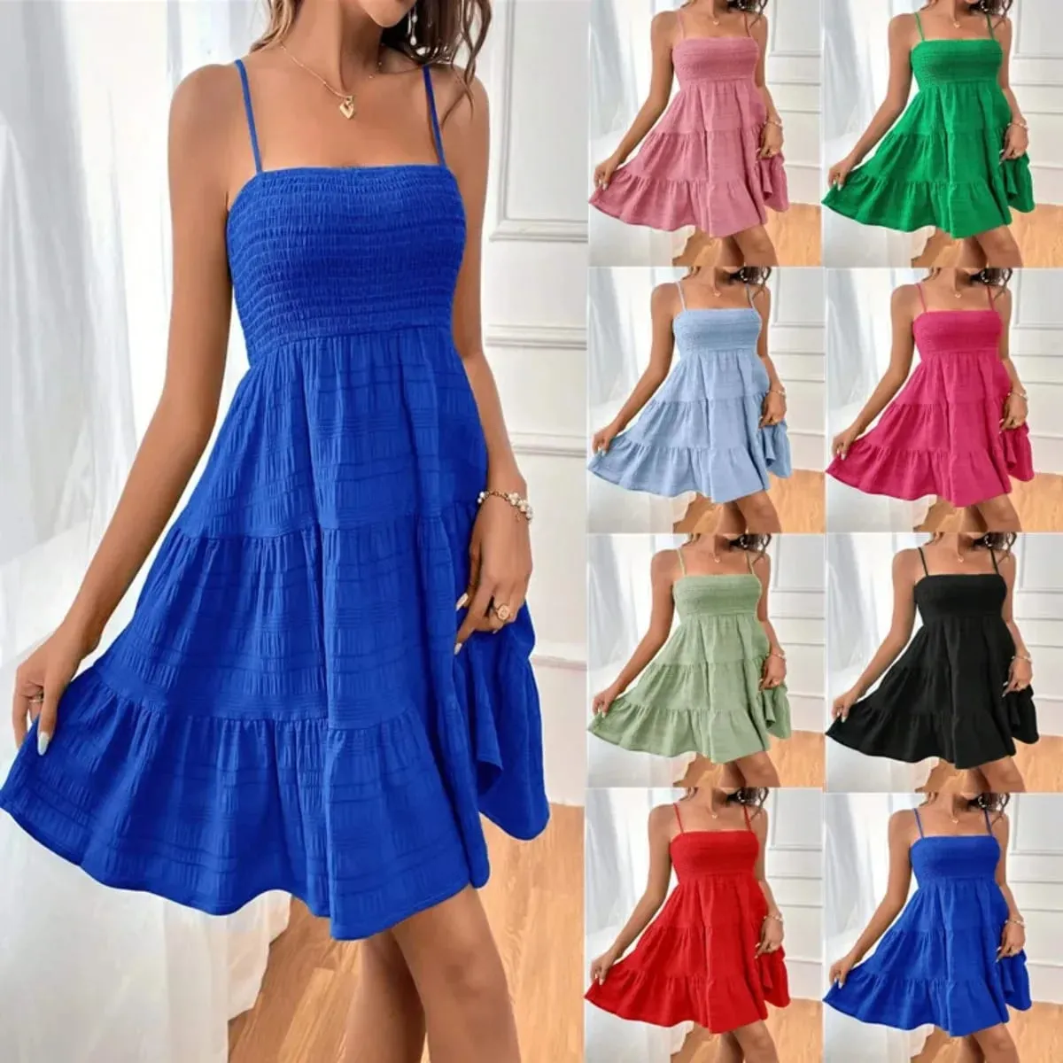 Women's Fashion Spaghetti Strap Smocked Bustier Mini Dress Blue Ruffled Tiered Swing Dress Summer Casual Vacation Beach Wear — image 2
