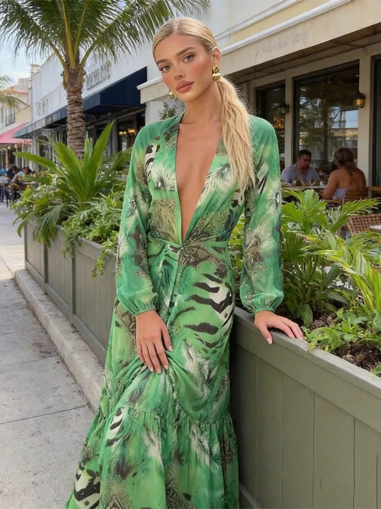 Women Green Tie Waist Long Sleeve Maxi Dress Deep V Lantern Sleeve Flowy Vacation Gown 2026 Seaside Street Holiday Party Outfit