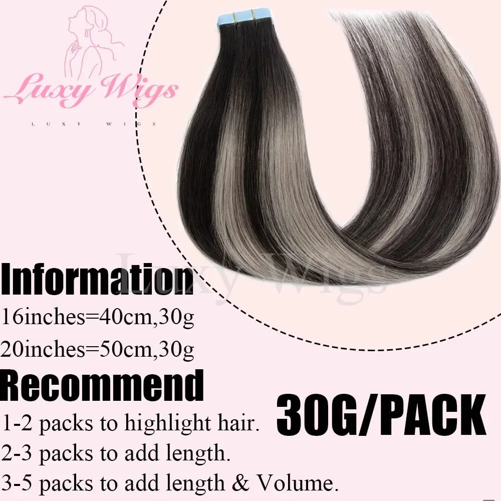Highlights Gray Tape in Hair Extensions Human Hair Straight Black Blonde Seamless PU Skin Weft Tape In Hair Extensions 20PCS — image 4
