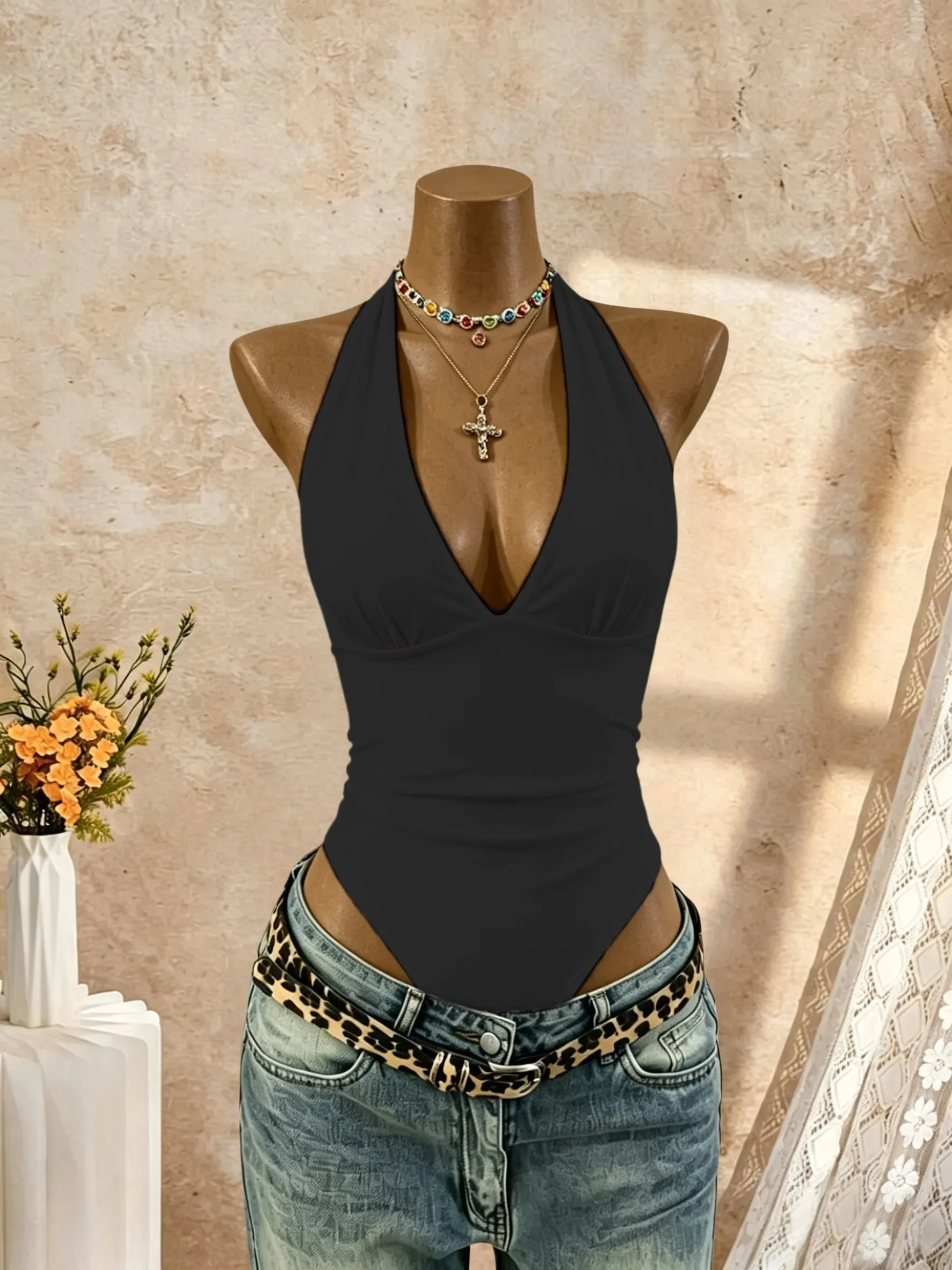 Women Halter Deep V Neck Ruched Slim Fit High Cut Bodysuit 2026 Summer Y2K Streetwear Sleeveless Tank Top — image 4