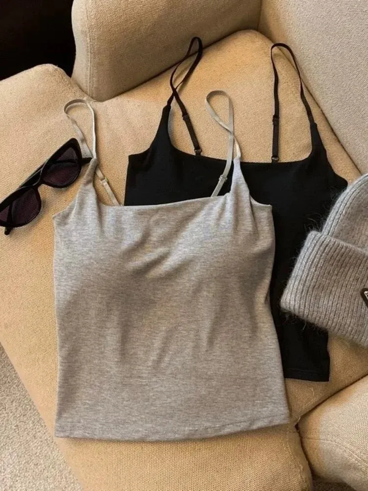Slimming Summer Outerwear Inner Wear Camisole Tank Top Women Simple Sling Strap Vest With Chest Pad For Girls — image 5