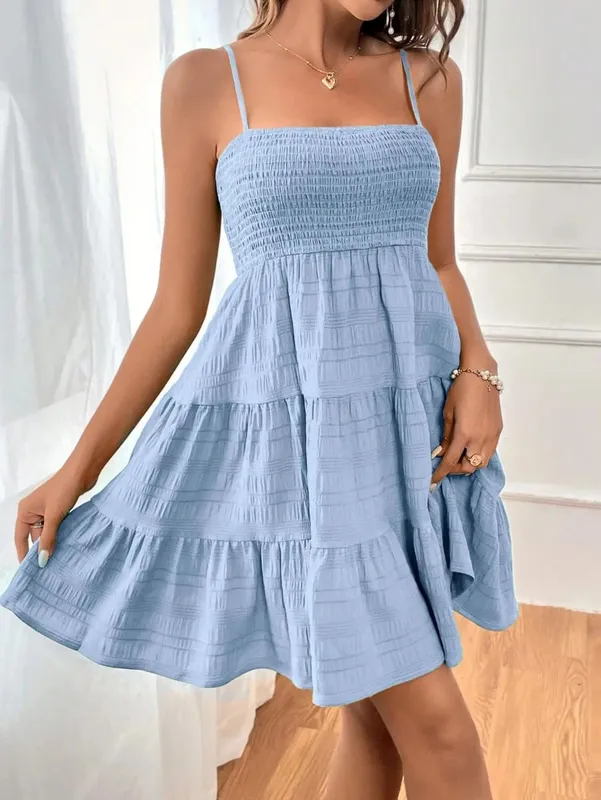 Women's Fashion Spaghetti Strap Smocked Bustier Mini Dress Blue Ruffled Tiered Swing Dress Summer Casual Vacation Beach Wear — image 9