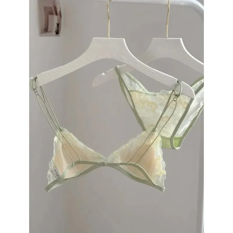 French Style Triangle Cup Bralette Embroidered Lace Wireless Hollow Out Pure Desire Lingerie Set CA MOYIU Sexy Bra Panty & Tushy — image 4