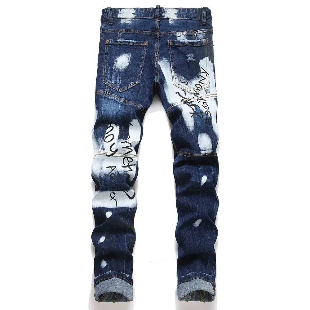 Men Letters Printed Denim Jeans Holes Ripped Patchwork Spliced Pants Button Fly Slim Tapered Stretch Trousers — image 2