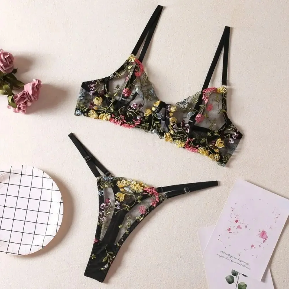 Versatile Transparent Lingerie Set Push Up Elegant Embroidery Floral Underwear Ultra-thin Bra Suit Lady