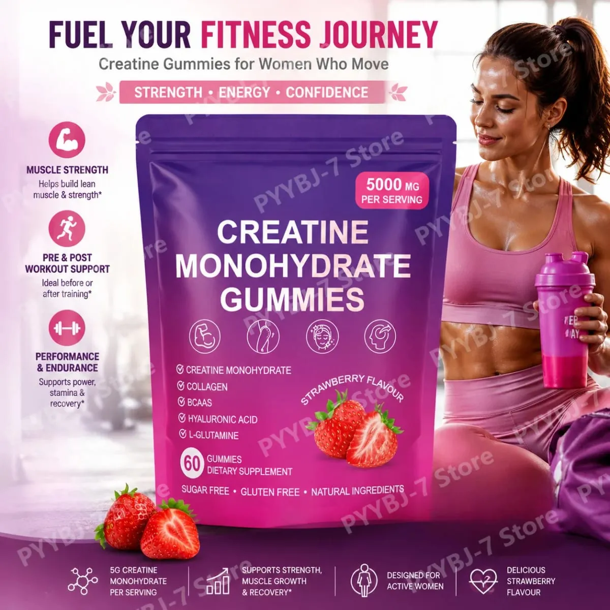 Creatine Gummies with Collagen BCAA Hyaluronic Acid Vitamin D3 Zinc Fitness Supplement for Active Adults Workout Support Sugar — image 2