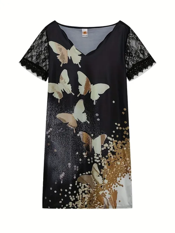 2026 New Women's New Positioning Printing Wave V-neck Lace Short-sleeved Dress — image 12