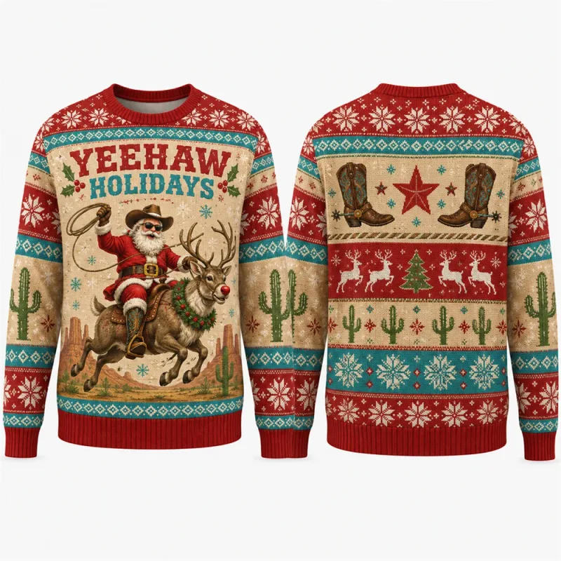 Yeehaw Holidays Santa Reindeer Sweatshirt 3D All Over Print Unisex Crew Neck Long Sleeve Western Ugly Christmas Party Xmas Shirt — image 5