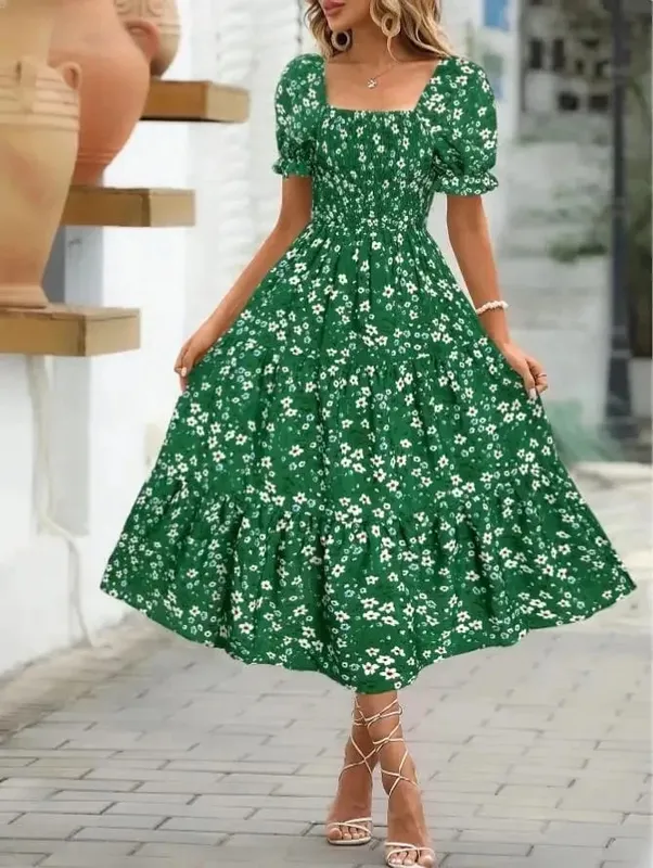 2025 New Women's Printed Dress Square Collar Bubble Sleeve Empire Waist Midi Dress Short Sleeve Cross-Border Independent Station — image 12