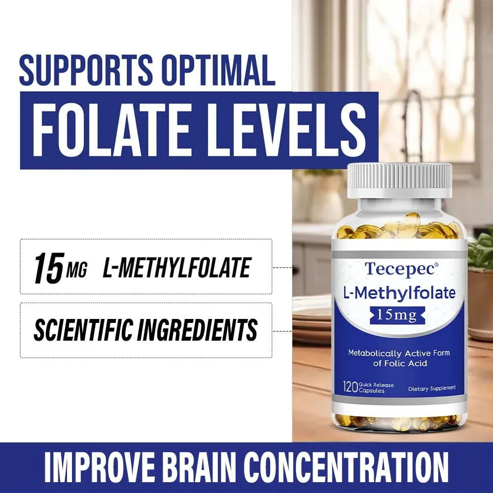 L-Methylfolate 15mg Supplement - Metabolically Active Form of Folic Acid Support Brain & Heart Health Non-GMO Gluten Free — image 5