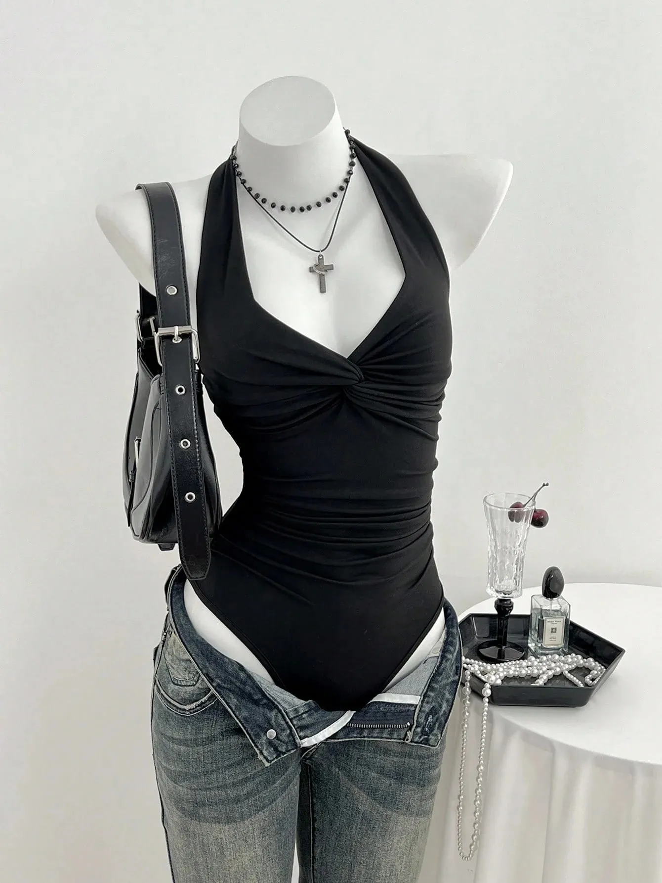 Women Halter Deep V Front Twist Knot Ruched Waist Bodysuit Solid Black Sleeveless Slim Fit Y2K Basic Jumpsuit Top — image 2