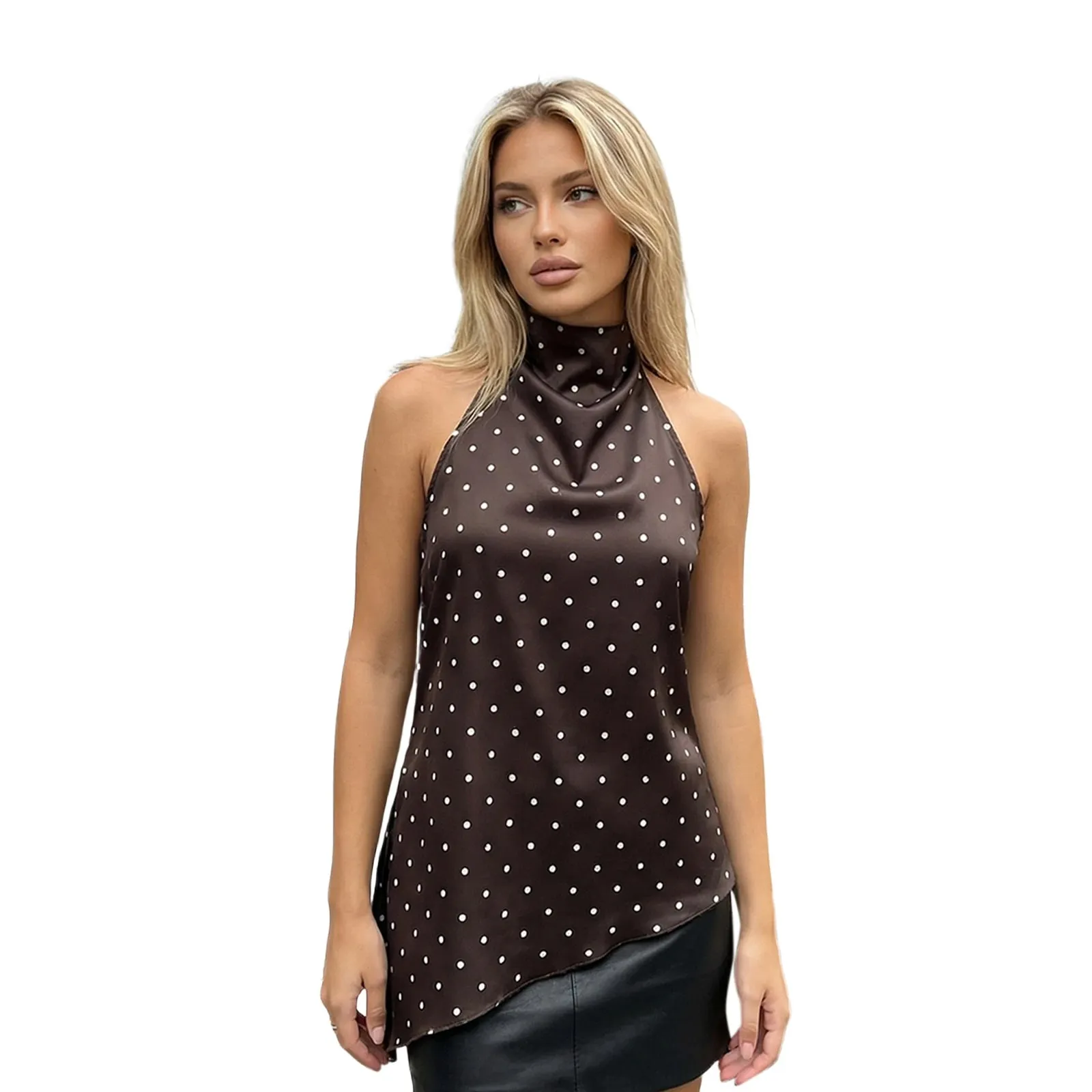 Women Summer Vintage Dot Print Asymmetric Hem Halter Neck Tanks Tops Sleeveless Backless Slim Fits Tunic T-Shirts Streetwear — image 12