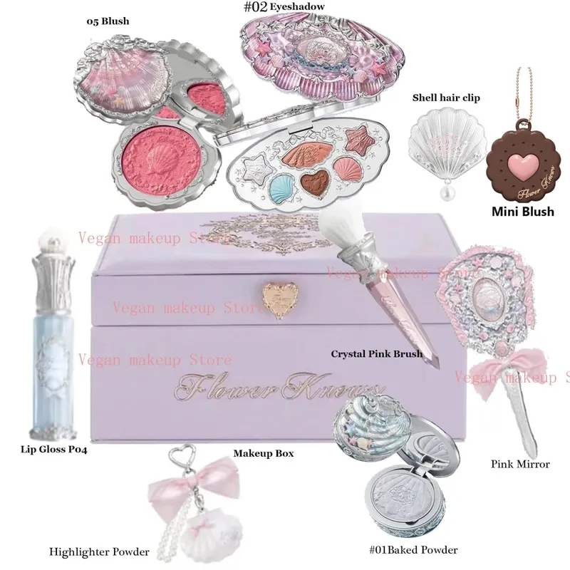 Flower Know Shell Jewelry Coffret cadeau tout-en-un ensemble de maquillage complet professionnel fard à paupières Blush poudre cuite 10 pièces Kits Flowerknows