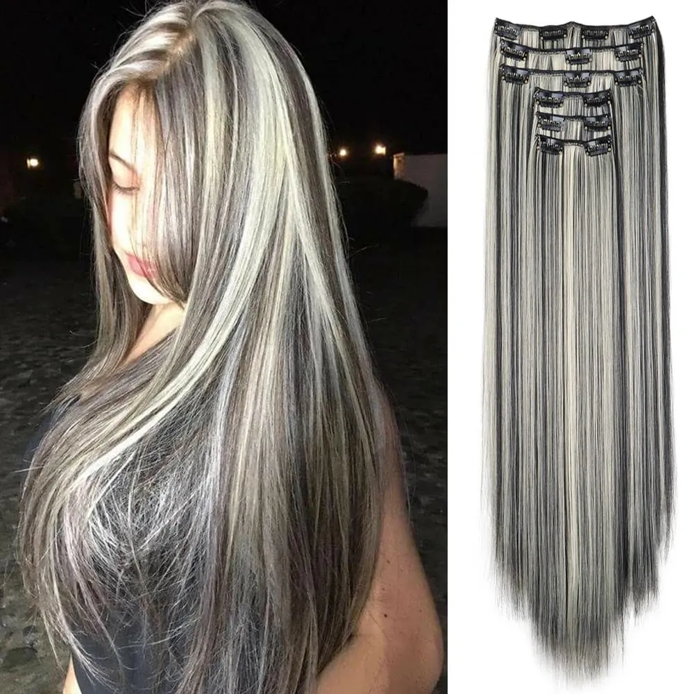Black Hair Extensions 24"/60cm 6pcs/set Women Long Straight Synthetic Full Head Clip 16 Clips Ombre Heat Resistant Fiber Hair