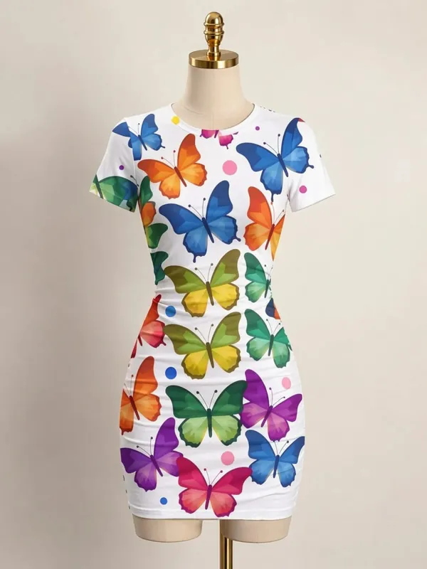 Womens Short Sleeve Bodycon Mini Dress Slim Fit Crew Neck Floral Print Casual Summer Party Cute Stretch Modern Vacation Sundress — image 3