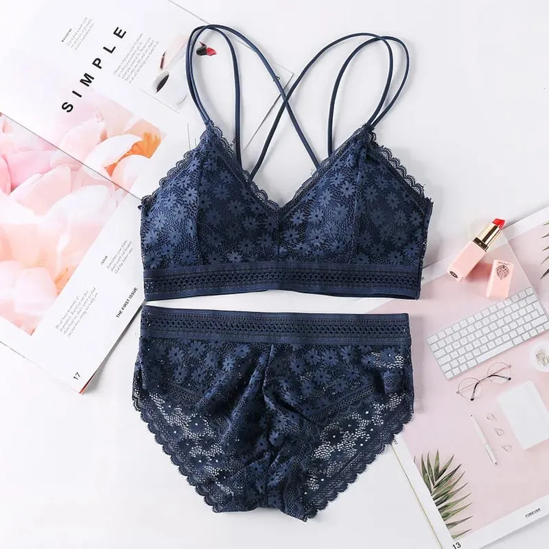 Women's Lace Lingerie Set Cross Shoulder Strap Without Steel Ring Bra Comfortable Support Underwear With Gathering Design — image 8