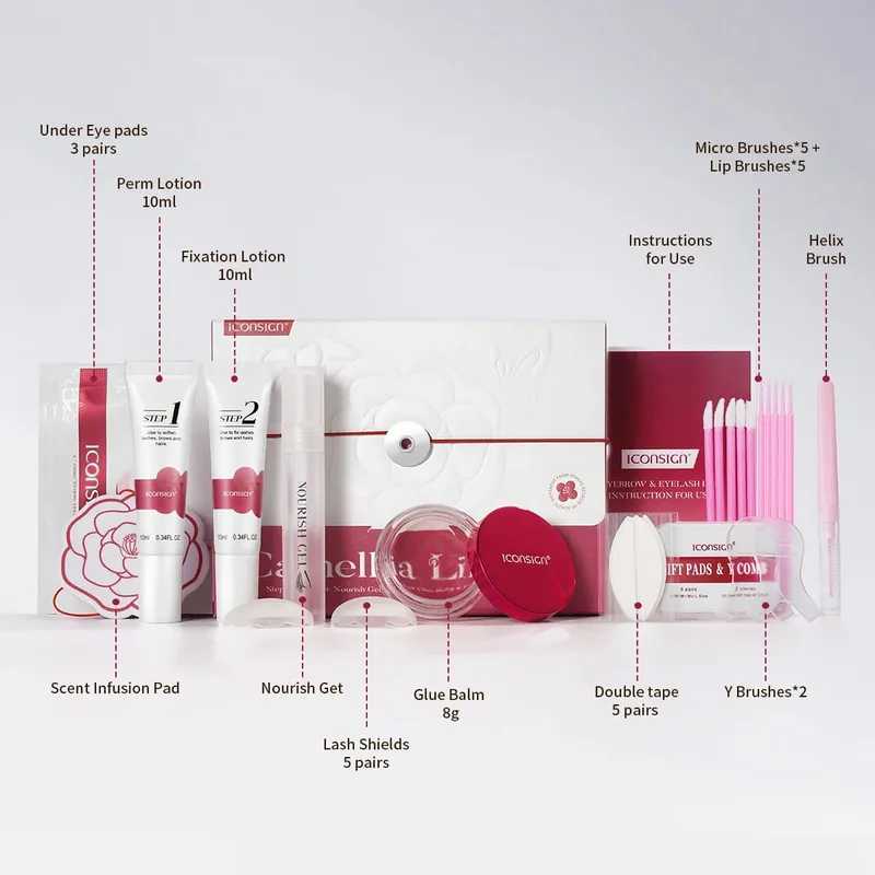 Kit de levantamento de cílios flor de camélia vegano 8-12min rápido suave encaracolado sem danos aos cílios conjuntos de beleza para presente de cuidados com a sobrancelha