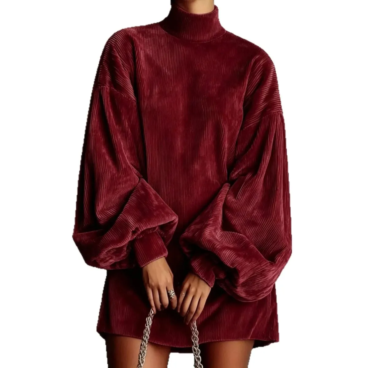 Women Corduroy Turtleneck Mini Dress Oversized Elegant Loose Lantern Sleeve Casual Dresses Autumn Winter Streetwear Short Dress