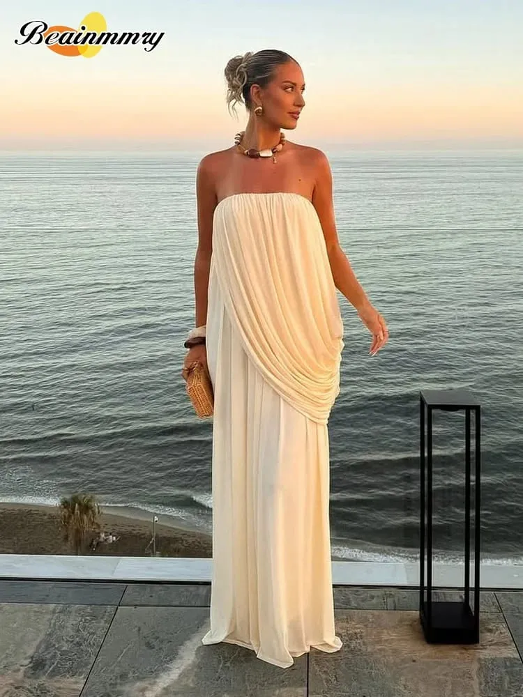 Sexy Pleated Strapless Maxi Dress Women Chic Solid Sleeveless Backless Loose Long Dresses 2026 Summer Lady Vacation Beach Outfit — image 1