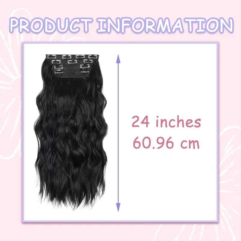 Clip in Hair Extensions 4PCS Synthetic Black Thick Hair Piece 24 Inches Long Wavy Clip in Extensions — image 4