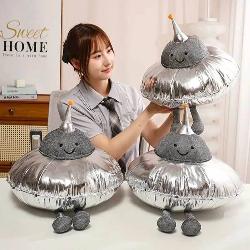 Cute UFO Plush Pillow Silver Metallic Flying‑Saucer Stuffed Toy Soft Alien Spaceship Plush Cushion Space‑themed Home Decor Gift — image 4