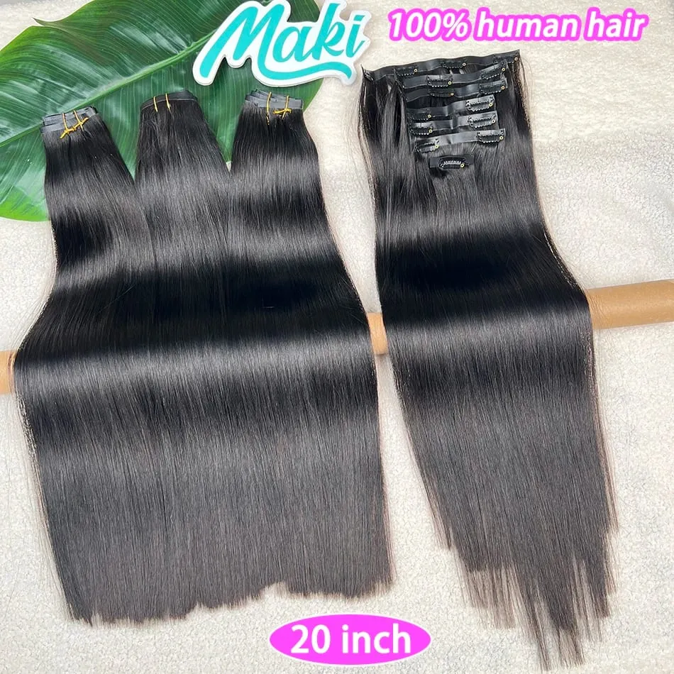 Double Drawn Straight Clip Ins Human Hair Extensions #1B Natural Black Color 100grams 7Pcs/Set Seamless PU Weft Clips in Hair — image 5