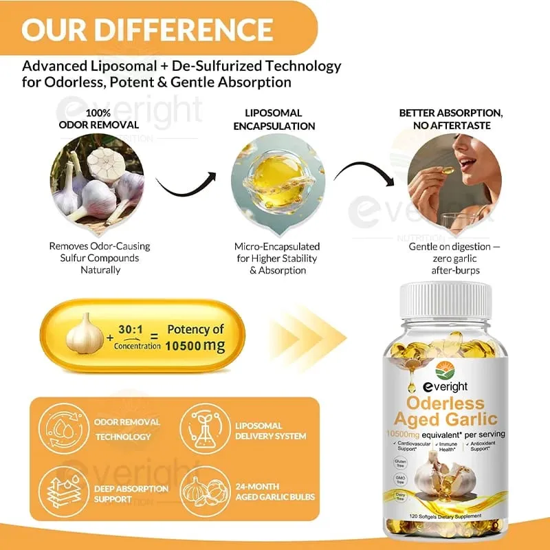 Aged Garlic Extract Capsules Odorless with Magnesium Chromium B1 & B9 Support Immune Heart Cardiovascular Health Supplement
