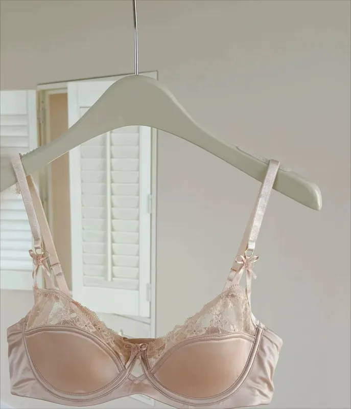 Red Lace Satin Bra Set Half Cup Thin Push‑Up Less Show Big Chest Sexy French Lingerie Women Underwear 32‑38