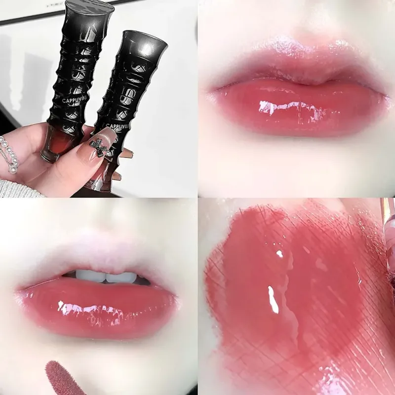 Crystal Punk Red-Brown Glossy Lip Stain Mirror Lip Glaze Sheer Nude Glitter Lip Tint Watery Shine Plumping Makeup Cosmetics