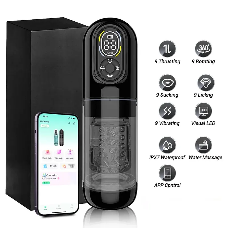 Automatic Male Masturbator 9 Vibrating Thrusting Rotation Sucking Licking Modes LED Display Penis Pump Sex Toys for Men
