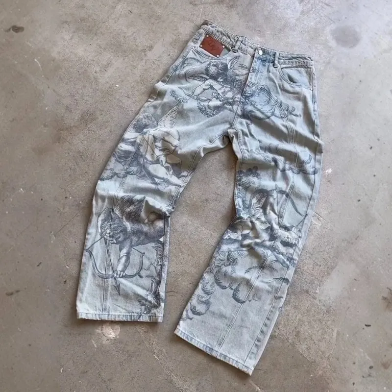 Y2K Fashion Denim Pants Art Classic Pattern Colossal Angel Jeans Retro Gothic Hip Hop Harajuku Streetwear Men Women Baggy Pants — image 2