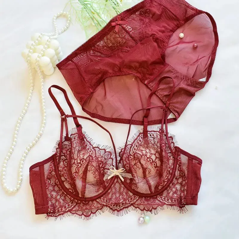 Korean Hot Trend Pure Desire Lace Bra Set Underwire Thin Cup Push Up Large Bust Visually Small Anti Droop Lingerie 32-38 Hot