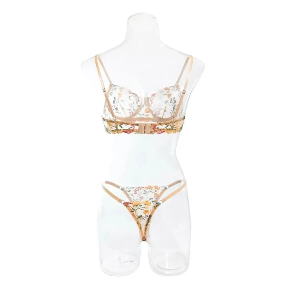 Dwuczęściowy, uniwersalny komplet bielizny w kwiaty, haftowany przezroczysty biustonosz w stylu boho, komplet majtek Intimates — image 3