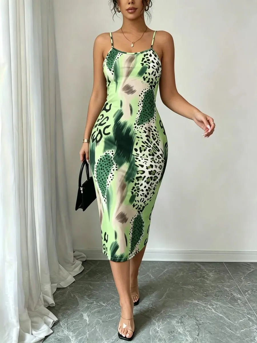 Women Spaghetti Strap Midi Dress Green Leopard Print Bodycon Casual Dress Summer Sexy Party Cocktail Clubwear Date Dress — image 7