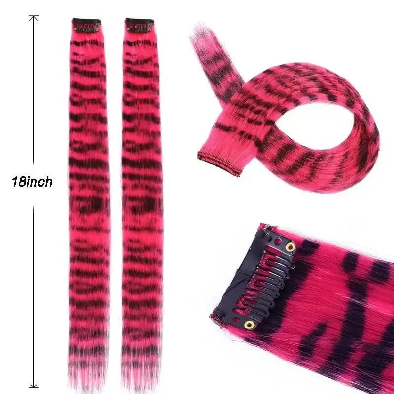 6pcs/set Stripe Printed Hair Colorful Long Straight Hair Piece Synthetic Clip-in Hair Extensions Daily Party Halloween Christmas