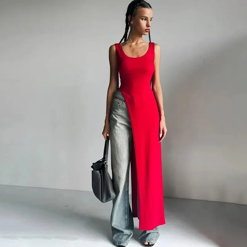 Summer personality trend slim fit solid color street niche irregular asymmetrical hem sleeveless camisole vest dress