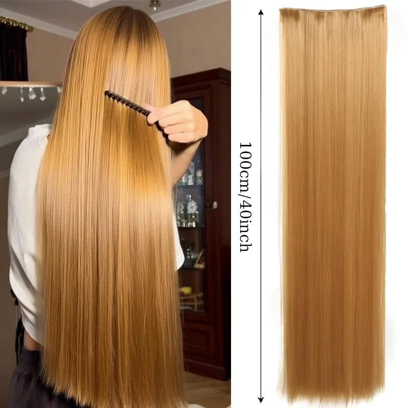 40inch Super Long Hair Extensions Wig Straight 5Clips in Hair Extensions Synthetic Hairpiece Fake Hair for Women Daily Party Use