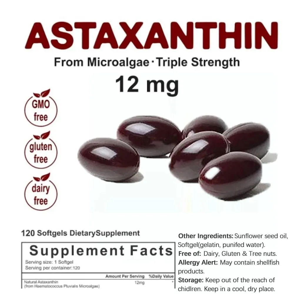 Astaksantyna o potrójnej sile 12 mg - Naturalny suplement przeciwutleniający astaksantyna Nie zawierający GMO i bezglutenowy - 120 kapsułek żelowych — image 5