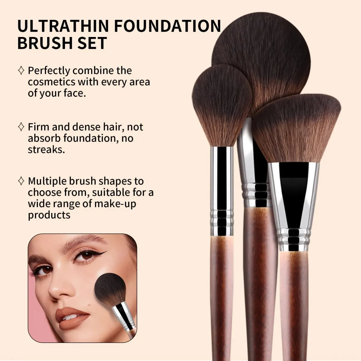 3Pcs Solid Wood Handle Powder Brush Set Round Setting Powder/Angled Contour/Flame Blush Brush Synthetic Fiber
