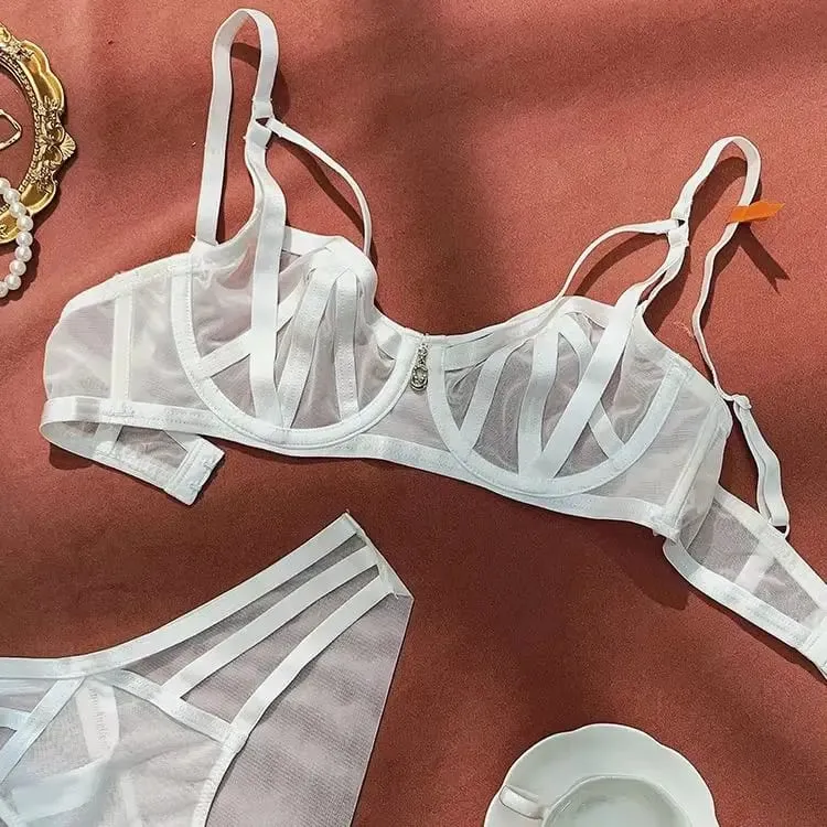 Women Strappy Mesh Lingerie Set Underwire Bra Panty Set Metal Pendant Sheer Intimate Underwear For Women Daily Nightwear — image 6