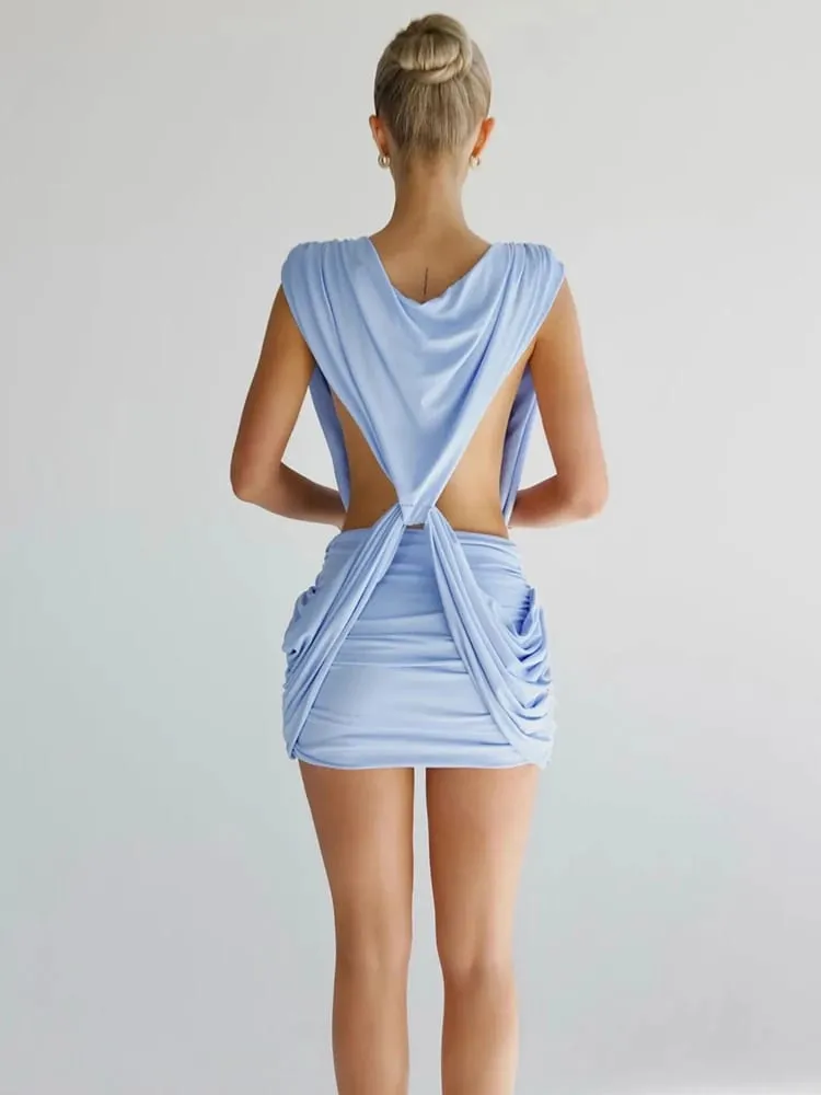 Kliou Ruched Kink Design Mini Dress Woman 2026 Spring New Style Deep V-Neck Sleeveless Skinny Peach Hip Street Elegant Bodycon