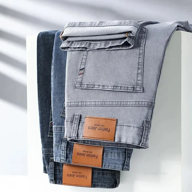 Celana Jeans Melar Katun Ringan Lurus Cocok untuk Pria Merek Musim Panas Celana Pria Jeans Abu-abu Muda Tipis Pinggang Tinggi Kasual Bisnis — image 2