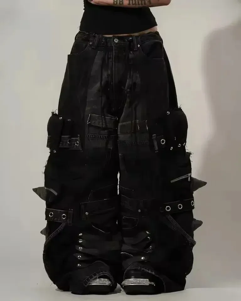 Black Baggy Cargo Jeans Men Women Heavy Multi Pocket Zipper Detail Streetwear Casual Fashion Pants Wide Leg Loose Fit Soft Y2K