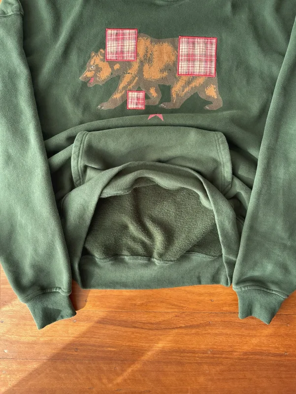 Vintage Bear Print Hoodie Men Retro Green Plaid Patch Pullover Hooded Sweatshirt Casual Streetwear Long Sleeve Women Hoodies Top