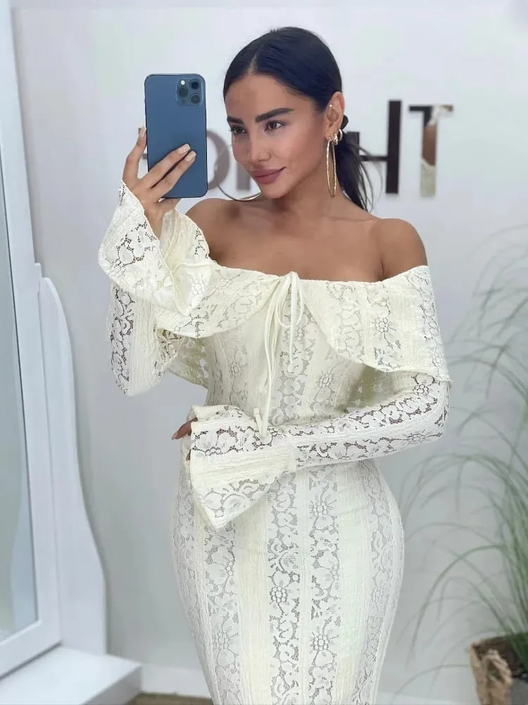 White Lace Patchwork Long Dress Women's Pleated Ruffle Sleeve Off shoulder bodycon See Through Vestidos 2025 Lady Party Gowns — image 7